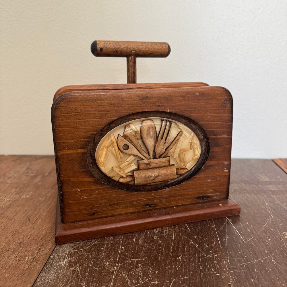 Vintage Wood Napkin Holder Salt and Pepper Caddy Inlay Kitchen Table Organizer